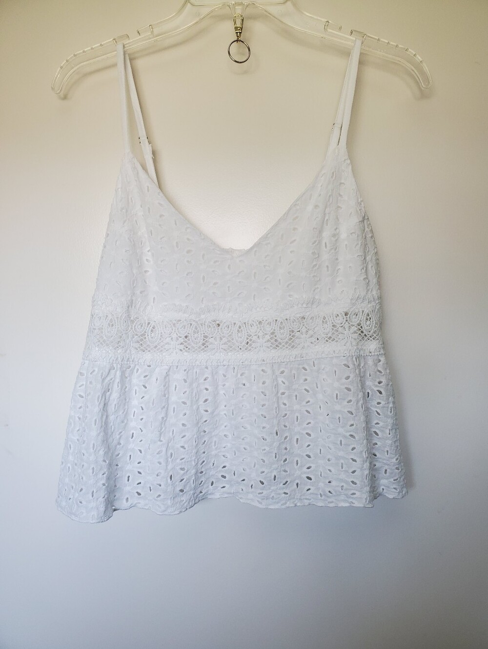 Shein Womens White Eyelet Cropped Shirred Babydoll Lace Spaghetti StrapTop Sz L